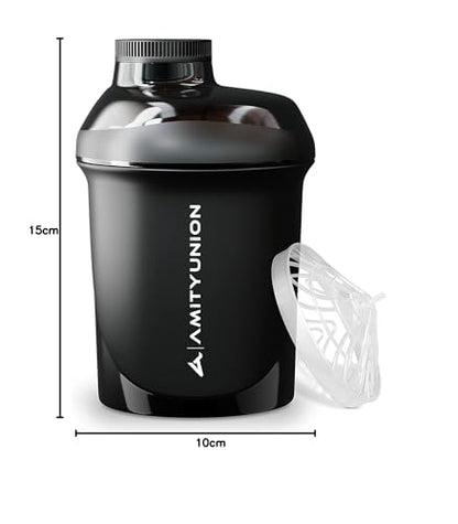 AMITYUNION Shaker proteico da 400 ml con colino per proteine – Piccolo shaker per proteine a prova di perdite, senza BPA, con scala per frullati di proteine del siero cremoso, concentrati di proteine