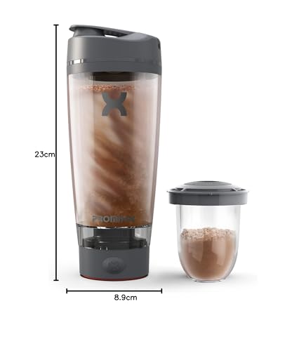 Promixx Pro Shaker Bottle - Ricaricabile, Potente per Frullati Proteici Lisci - Includere Deposito di Proteine - senza BPA - Tazza da 600 ml (Grafite/Arancia)