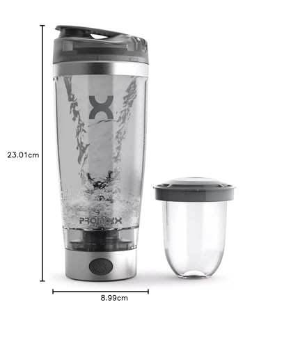 Promixx Pro Shaker Bottle - Ricaricabile, Potente per Frullati Proteici Lisci - Includere Deposito di Proteine - senza BPA - Tazza da 600 ml (Grafite/Arancia)