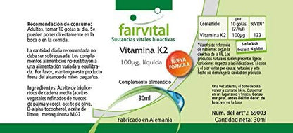 Fairvital | Vitamina K2 100mcg liquida - per 3 mesi - VEGAN - 30ml - menaquinone da natto - all-trans MK-7