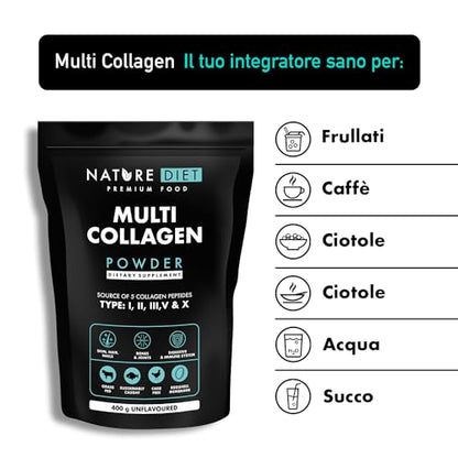 Nature Diet Multi Collagene in Polvere Non Aromatizzato Idrolizzato Collagene peptidico di tipo: I, II, III, V e X, altamente biodisponibile, collageno peptide, 400G