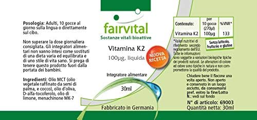 Fairvital | Vitamina K2 100mcg liquida - per 3 mesi - VEGAN - 30ml - menaquinone da natto - all-trans MK-7