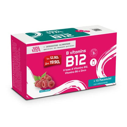 Sanavita B12 Integratore alimentare con B12, B6 e Zinco - 15 flaconcini liquidi per confezione Gusto lampone