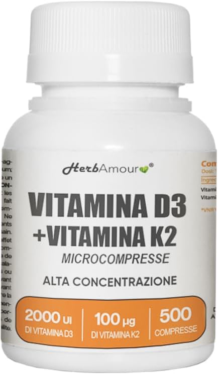 VITAMINA D3 K2 (Dura 1 anno e 4 mesi) 500 Micro-Compresse Alto Dosaggio e Assorbimento I Vitamina D3 Da 50 µg Da 2.000 U.I. + Vitamina K2 Da 100 µg | Senza Glutine, Lattosio, Zuccheri e Soia