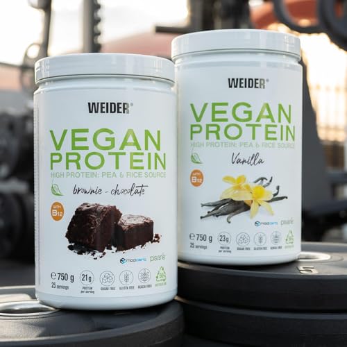 Weider Vegan Protein (750g) Gusto Cappuccino. Proteine Vegane 23g/dose isolate di piselli e riso, Con Vitamina B12 e Stevia, Senza Glutine, Senza Zucchero, Contenitore 50% Riciclato, 100% Riciclabile