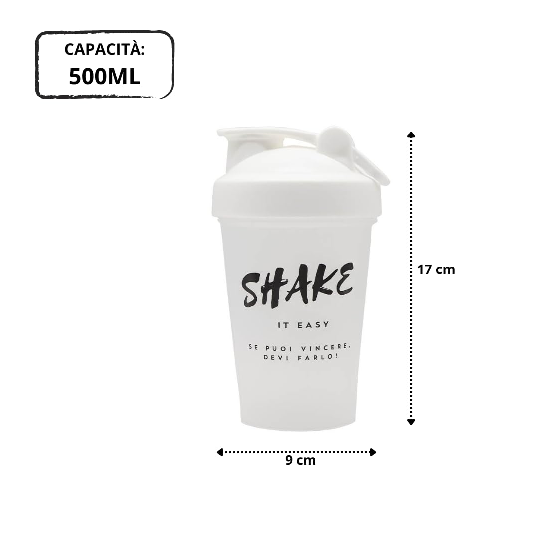 Shake it easy - shaker proteine 500ml, perfetto per i tuoi snack proteici, include un misurino per proteine da 40g, borraccia motivazionale