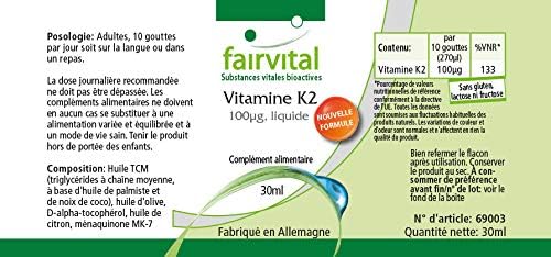 Fairvital | Vitamina K2 100mcg liquida - per 3 mesi - VEGAN - 30ml - menaquinone da natto - all-trans MK-7