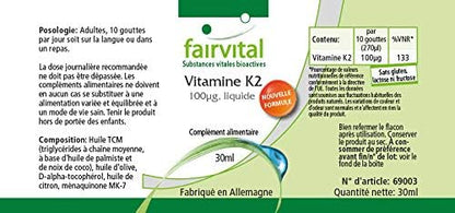 Fairvital | Vitamina K2 100mcg liquida - per 3 mesi - VEGAN - 30ml - menaquinone da natto - all-trans MK-7