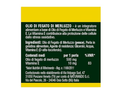 Naturando Olio di Fegato di Merluzzo ricco di Omega 3, vitamina A e vitamina D e Vitamina E - 70 capsule