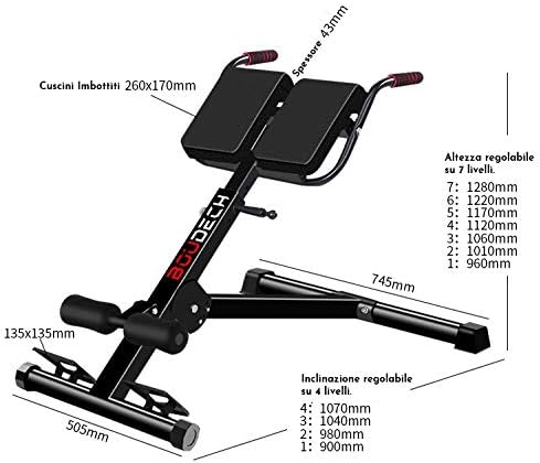 Panca da Fitness Romana Multifunzione per iperestensioni crunch e addominali con inclinazione ed altezza regolabili e completamente richiudibile