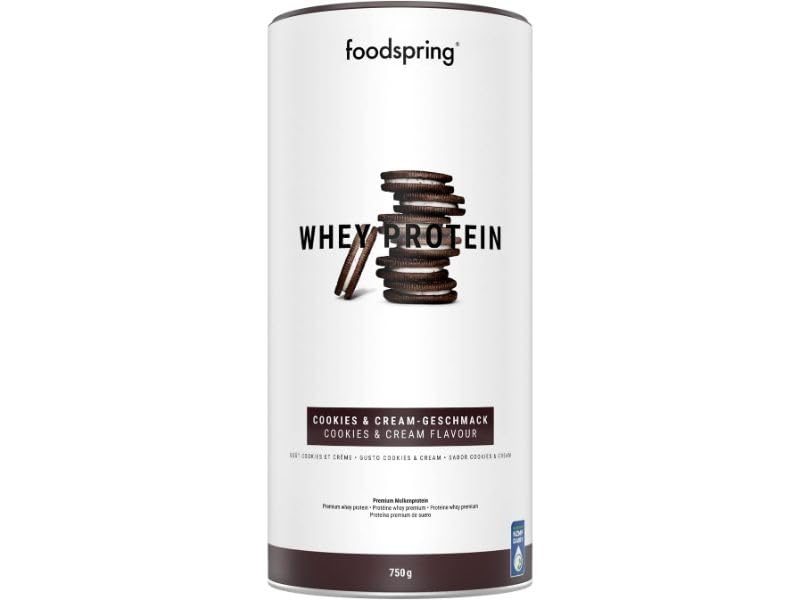 foodspring - Proteine Whey in polvere Cioccolato - Con 21 g di proteine per l'aumento muscolare, perfetta solubilità, ultra-filtrate & ricche di BCAA ed EAA - gusto pieno e delizioso (750 g)