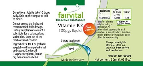 Fairvital | Vitamina K2 100mcg liquida - per 3 mesi - VEGAN - 30ml - menaquinone da natto - all-trans MK-7