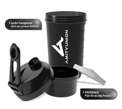 AMITYUNION Shaker per proteine FYRA 700 ml con contenitore - scomparto polvere - shaker per proteine, senza BPA con setaccio e scala per frullati di siero di latte e BCCA, (Black)