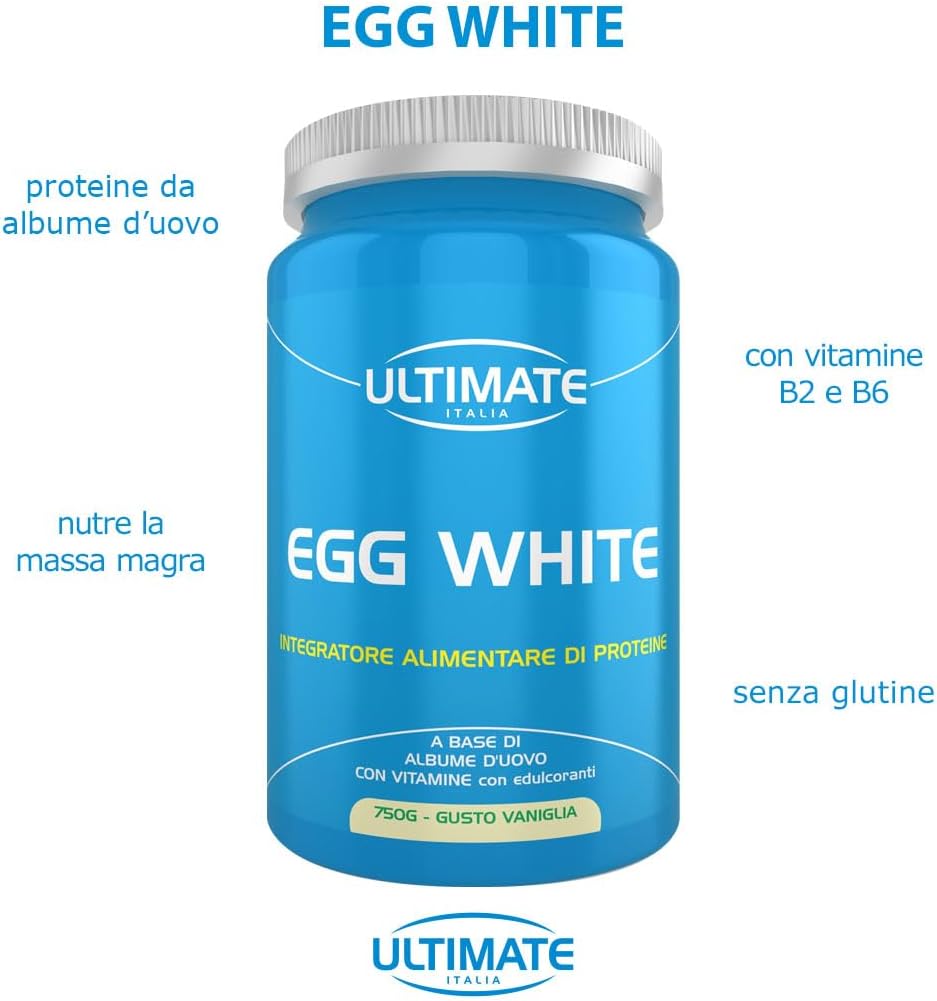 Ultimate Italia Egg White – Proteine di Albume dell'Uovo - Integratore Alimentare di Proteine a Base di Albume d'Uovo – con Vitamine B2 e B6 – Nutre la Massa Magra - Gusto Vaniglia, 750 G