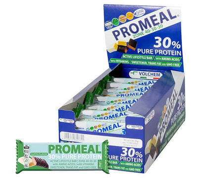 Volchem Promeal Zone 40-30-30, Barretta Proteico-Energetica con Ripartizione di Carboidrati-Proteine-Grassi (40-30-30), Senza Grassi Idrogenati, Scatola da 24 Barrette, Gusto Menta, 1200 g