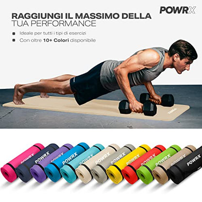 POWRX Tappetino Fitness Antiscivolo 190 x 60, 80, 100 cm - Ideale per Yoga, Pilates e Ginnastica - Extra Morbido e Spessore da 1,5 cm o 1 cm - Ecocompatibile con Tracolla e Sacca Trasporto + Poster