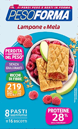 Pesoforma Biscotti Lampone e Mela, Pasto sostitutivo proteico, Per rimettersi in forma con gusto, Solo 219 calorie, Nuovo formato, 16 biscotti, 8 pasti sostitutivi