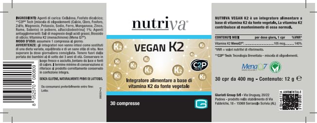 NUTRIVA Vegan K2, Integratore Alimentare a Base di Vitamina K2 da Fonte Vegetale, Utile per il Benessere delle Ossa, 100% Naturale e Vegano - 30 Compresse