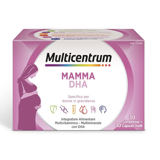 Multicentrum Mamma DHA, Integratore Multivitaminico specifico per la donna in gravidanza, con Acido Folico, Ferro, Vitamina C, D, B12, DHA, 30 Compresse + 30 capsule molli