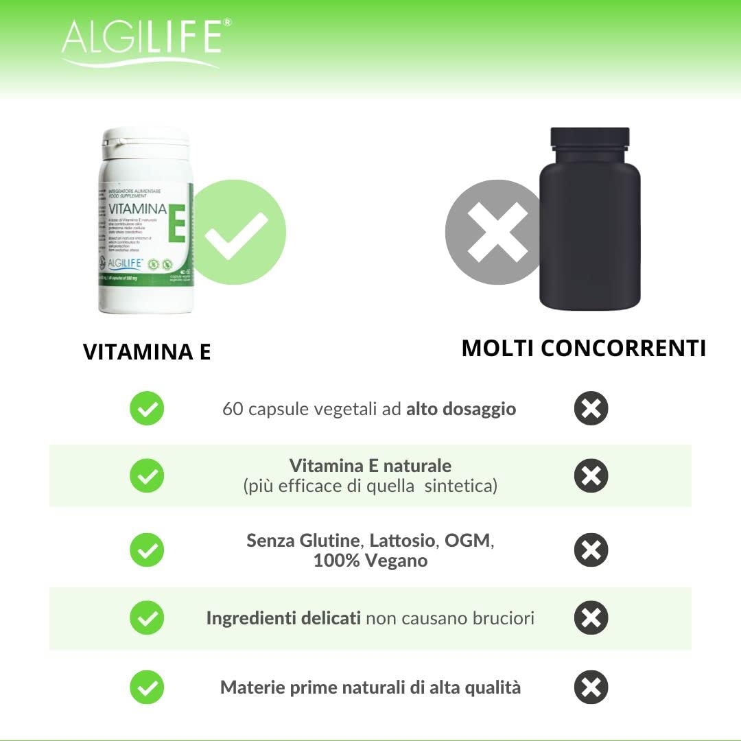 ALGILIFE Vitamina E | Integratore Vitamine E Pura Tocoferolo e Tocotrienolo | Antiossidante, 100% Naturale, Sviluppo e Mantenimento Funzione Nervosa e Muscolare (60 capsule vegetali, scorta 2 mesi)