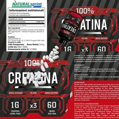 NATURALSPRINT® Creatina 180 compresse -Creatina Pura Micronizzata Monoidrata in compresse - Integratore per massa muscolare boost energetico pre e post workout - Creatine