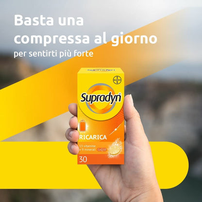 Supradyn Ricarica Multivitaminico Completo Vitamine e Minerali per Adulti, Integratore Vitamine A, B, C, D3, E, K, Magnesio, Calcio, Zinco, Selenio e Q10, Gusto Arancia 60 Compresse Effervescenti