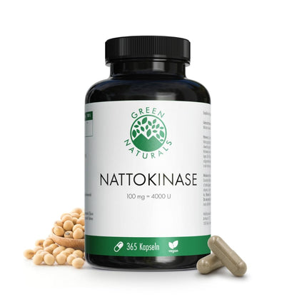 Nattokinase | 365 capsule | ad alto dosaggio | vegano | non OGM | 40.000 UFC/g | 100 mg per capsula | 1 anno di fornitura | Green Naturals®