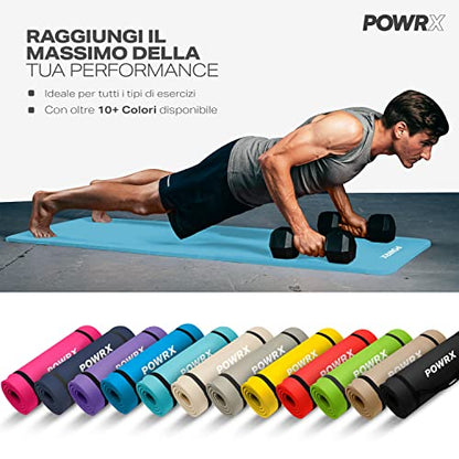 POWRX Tappetino Fitness Antiscivolo 190 x 60, 80, 100 cm - Ideale per Yoga, Pilates e Ginnastica - Extra Morbido e Spessore da 1,5 cm o 1 cm - Ecocompatibile con Tracolla e Sacca Trasporto + Poster