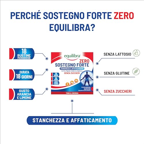 equilibra Integratori Alimentari, Sostegno Forte, Integratore con Creatina, Arginina, Vitamine C, B1, per Incrementare le Prestazioni Fisiche, con Succo Concentrato di Arancio, 22 Bustine Monodose