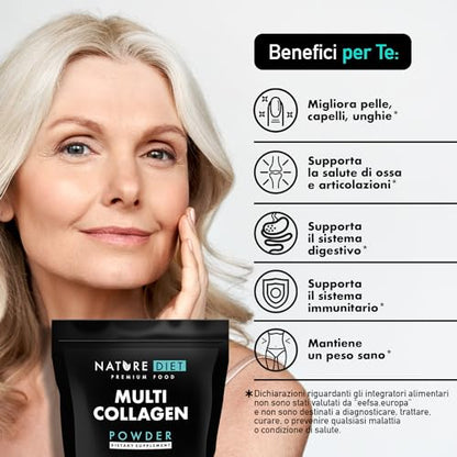 Nature Diet Multi Collagene in Polvere Non Aromatizzato Idrolizzato Collagene peptidico di tipo: I, II, III, V e X, altamente biodisponibile, collageno peptide, 400G