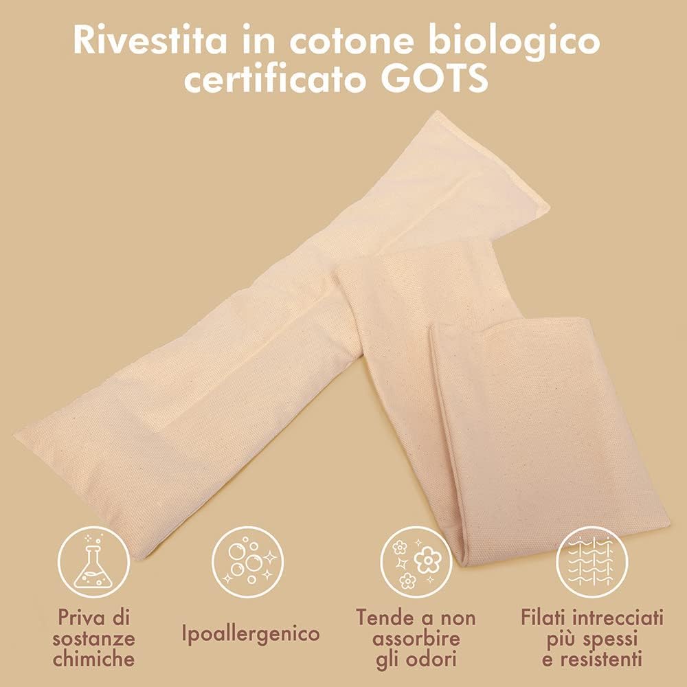 Cuscino ai Noccioli di Ciliegia + Fodera Aggiuntiva, in Cotone Biologico MADE IN ITALY - Certificato GOTS, Fascia Termica per Dolore Cervicale, Collo, e Spalle Riscaldabile in Microonde