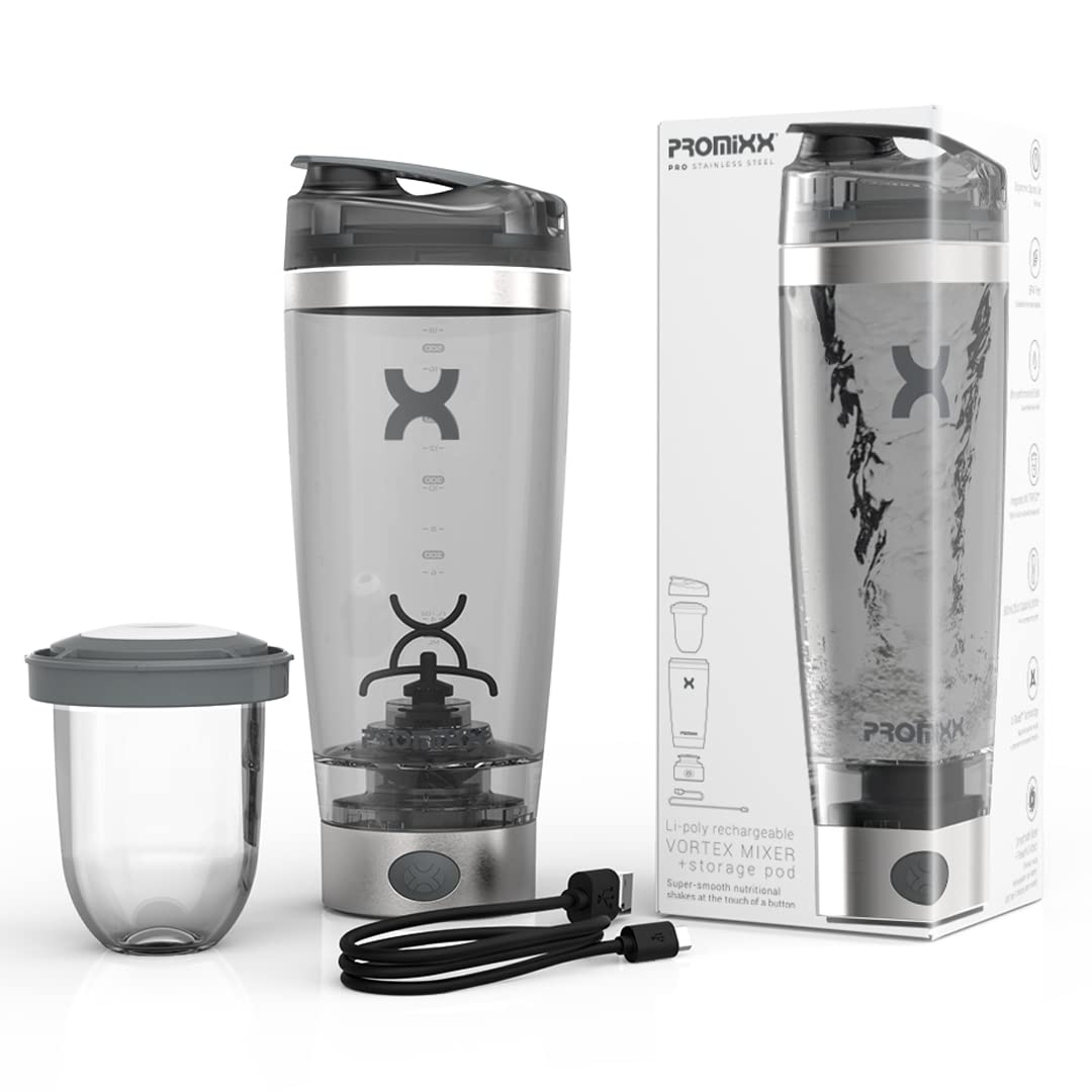 Promixx Pro Shaker Bottle - Ricaricabile, Potente per Frullati Proteici Lisci - Includere Deposito di Proteine - senza BPA - Tazza da 600 ml (Grafite/Arancia)