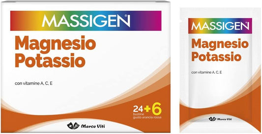 Massigen Magnesio E Potassio Integratore Multivitamine Gusto Arancia Rossa, 30 Bustine Da 6 Grammi