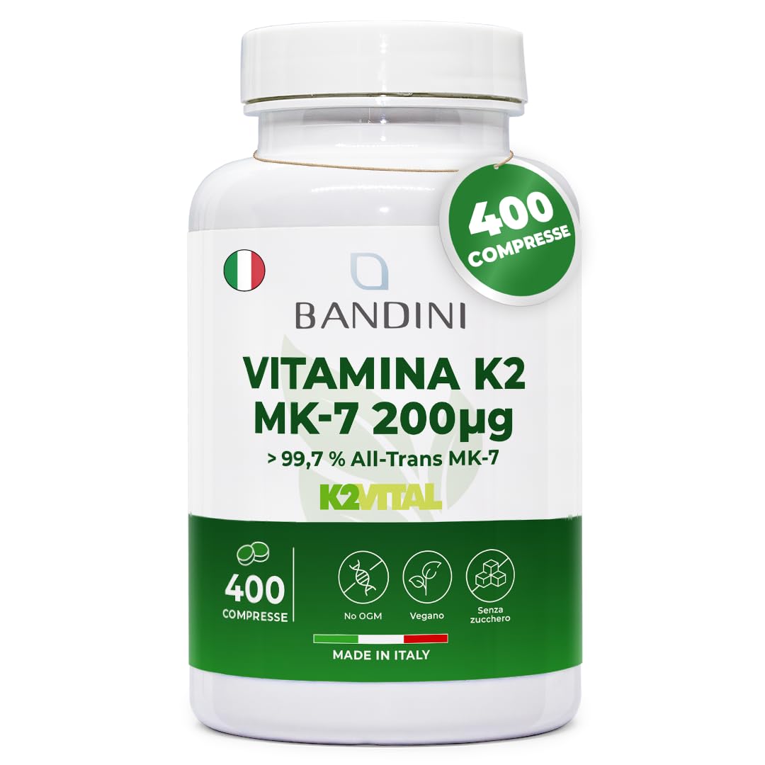 Bandini® Vitamina K2 MK7 200µg | 400 Compresse | Menachinone ad Alto Dosaggio | Vit K 2 MK-7 K2Vital® 200 mcg | Contribuisce al Mantenimento di Ossa Normali | 100% Vegan | Senza OGM | Qualità Italiana