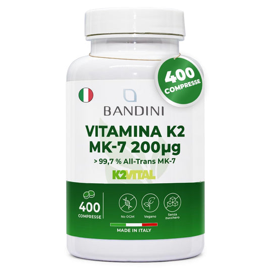 Bandini® Vitamina K2 MK7 200µg | 400 Compresse | Menachinone ad Alto Dosaggio | Vit K 2 MK-7 K2Vital® 200 mcg | Contribuisce al Mantenimento di Ossa Normali | 100% Vegan | Senza OGM | Qualità Italiana