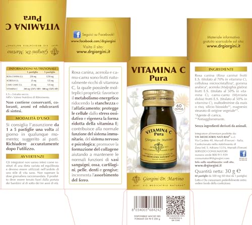 Dr. Giorgini Integratore Alimentare, Vitamina C Pura Pastiglie, 180 Unità, 90 Grammi