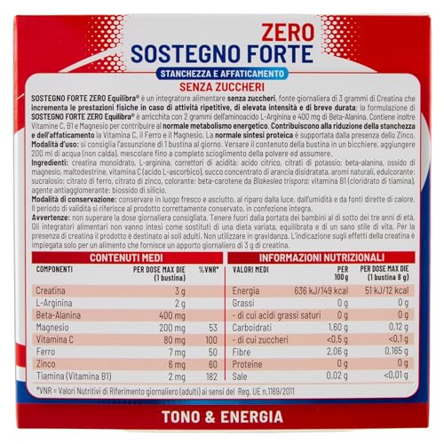 equilibra Integratori Alimentari, Sostegno Forte, Integratore con Creatina, Arginina, Vitamine C, B1, per Incrementare le Prestazioni Fisiche, con Succo Concentrato di Arancio, 22 Bustine Monodose