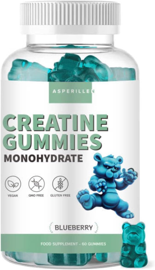 Creatina Monoidrato in Gommose - 2000 Mg di Creatina Monoidrata per Dose - Creatina Vegana Senza Glutine - Creatine Gummies - 60 Unità al Gusto di Mirtillo