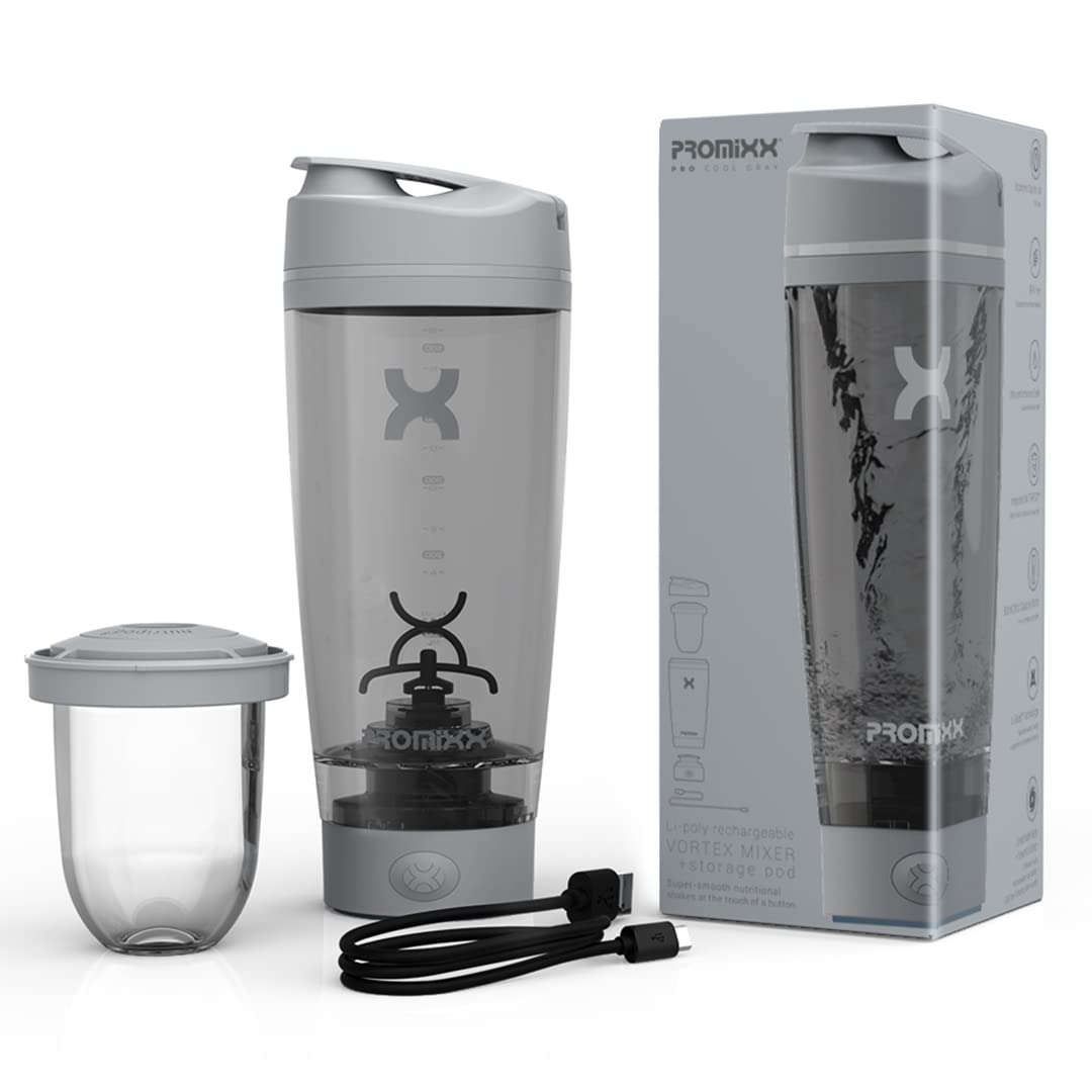 Promixx Pro Shaker Bottle - Ricaricabile, Potente per Frullati Proteici Lisci - Includere Deposito di Proteine - senza BPA - Tazza da 600 ml (Grafite/Arancia)