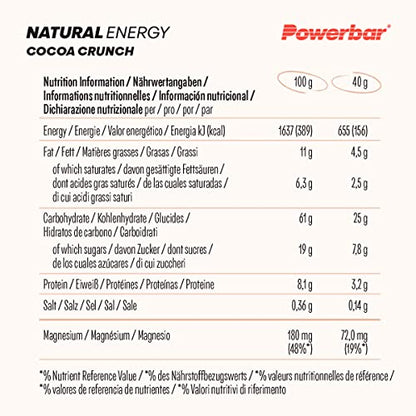 PowerBar Natural Energy Cereal Cacao Crunch 24x40g - Barrette Energetiche di Carboidrati Vegetali + Magnesio