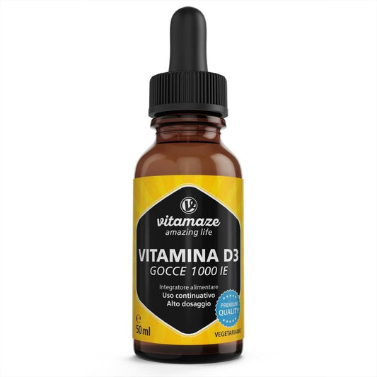 Vitamaze® Vitamina D3 Gocce 1000 UI, 50 ml (1750 Gocce) Alto Dosaggio, Colecalciferolo vegetariano, Alta Biodisponibilità, Qualità Tedesca, Naturale Pura Integratore senza Additivi non Necessari…