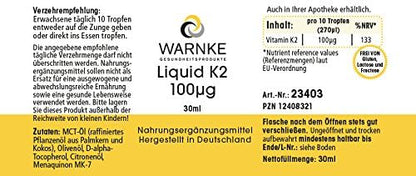 Vitamina K2 olio - mk7 100mcg - 10 gocce - 30ml - Menachinone MK-7 | Warnke Vitalstoffe - Qualità da farmacia tedesca