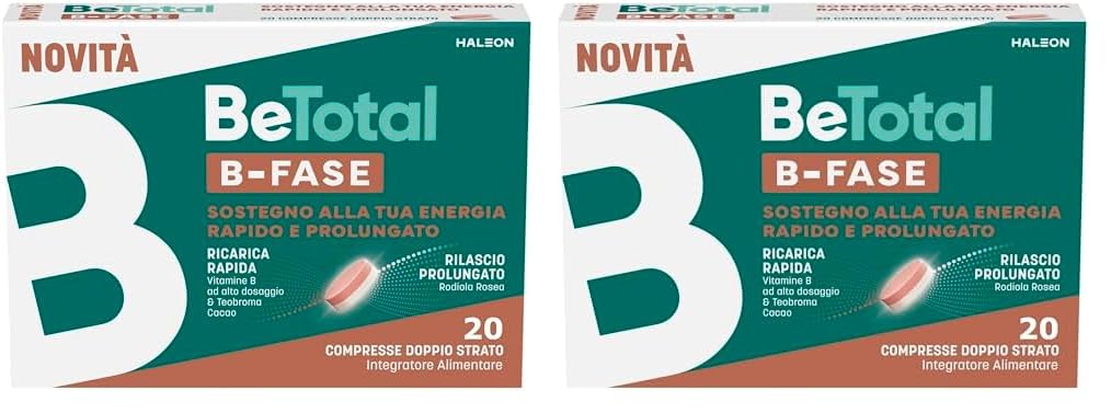 Be-Total B-Fase Integratore Alimentare con Biotina, Vitamina B, Rodiola Rosea e Teobroma Cacao per un sostegno Rapido e Prolungato alla tua Energia, 20 compresse doppio strato