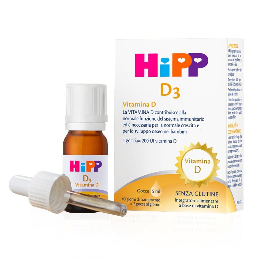 HiPP- HiPP D3, Vitamina D3, Integratore Alimentare, Bambini, in Gocce, Flacone 5 ml, con Pratica Pipetta Contagocce, Senza Glutine