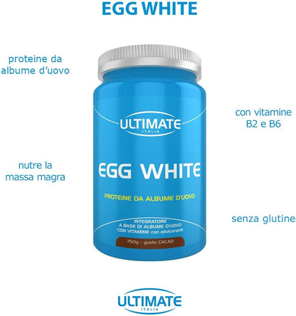 Ultimate Italia Egg White – Proteine di Albume dell'Uovo - Integratore Alimentare di Proteine a Base di Albume d'Uovo – con Vitamine B2 e B6 – Nutre la Massa Magra - Gusto Cacao, 750 Grammi