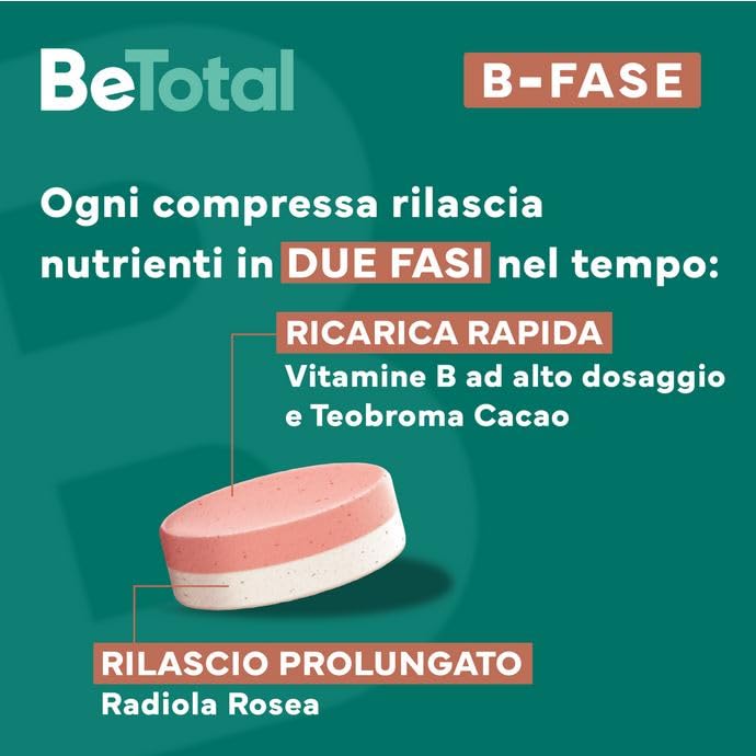 Be-Total B-Fase Integratore Alimentare con Biotina, Vitamina B, Rodiola Rosea e Teobroma Cacao per un sostegno Rapido e Prolungato alla tua Energia, 20 compresse doppio strato