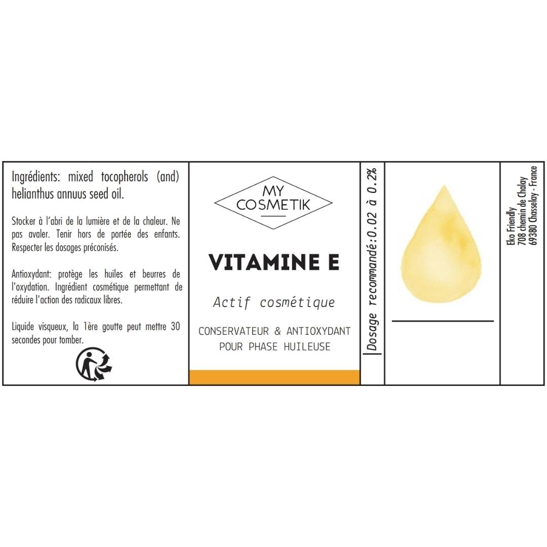 Vitamina E - Tocoferolo - Attivo cosmetico - Conservante e antiossidante - 100% origine vegetale pura - MY COSMETIK - 5 ml