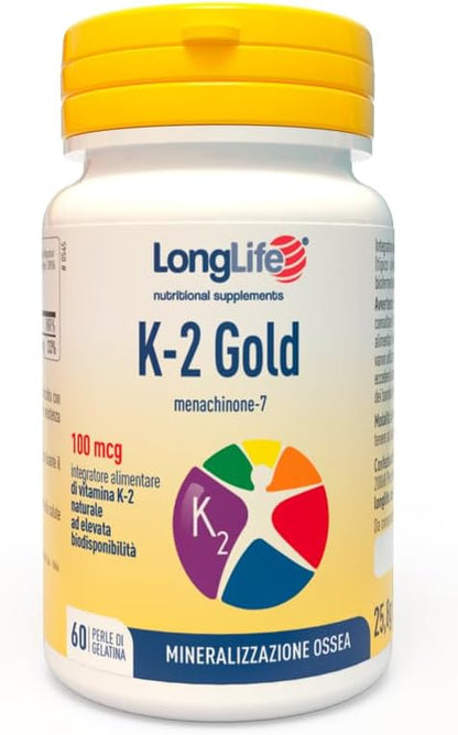 LongLife® K-2 Gold | Con menachinone da natto | VitaMK7 | Vitamina K2 in olio EVO ad alta biodisponibilità | Salute delle ossa e vascolare | Senza glutine e Halal