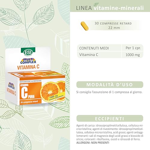 ESI - Multicomplex Vitamina C Pura Retard, Integratore Alimentare Massimo Dosaggio, a Rilascio Prolungato, Supporta il Funzionamento del Sistema Immunitario, Senza Glutine e Vegan, 90 Compresse