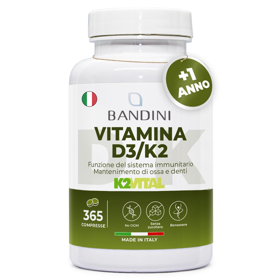 Bandini® Vitamina D3 K2 | 365 COMPRESSE (12 Mesi) | Vitamina D3 2000 UI + 200 mcg Vitamina K2 | K2 MK-7 99% All Trans (K2VITAL®) | Per Ossa, Denti, Muscoli, Articolazioni & Sistema Immunitario